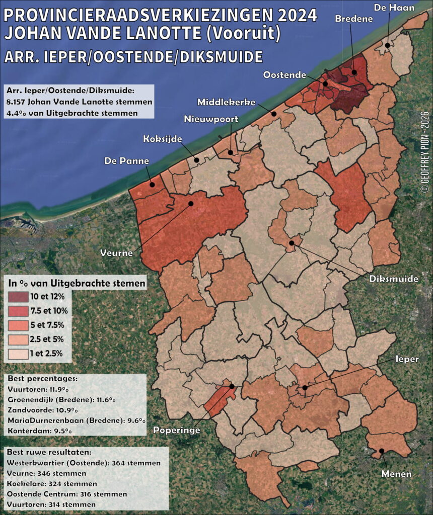 Kaart van de doordringingsgraad per wijk van de voorkeurstemmen van Johan Vande Lanotte (Vooruit, 11e op de lijst) bij de provincieraadsverkiezingen 2024 in het district Ieper-Oostende-Diksmuide. 8.157 stemmen, 4,4% van de uitgebrachte stemmen.