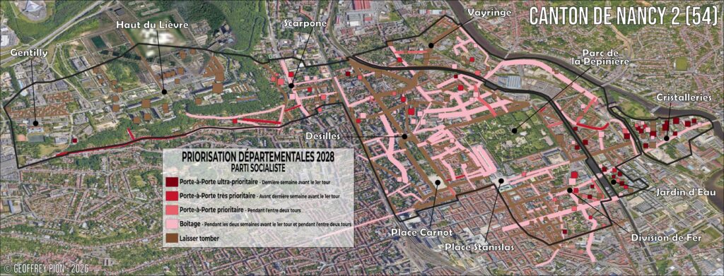 Carte de priorisation porte-à-porte élections départementales 2028, canton de Nancy-2 (54), ciblage Parti socialiste (gauche) par rue et bâtiment