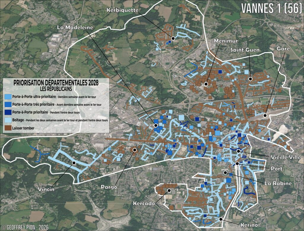 Carte de priorisation porte-à-porte élections départementales 2028, canton de Vannes-1 (56), ciblage Les Républicains (droite) par rue et bâtiment
