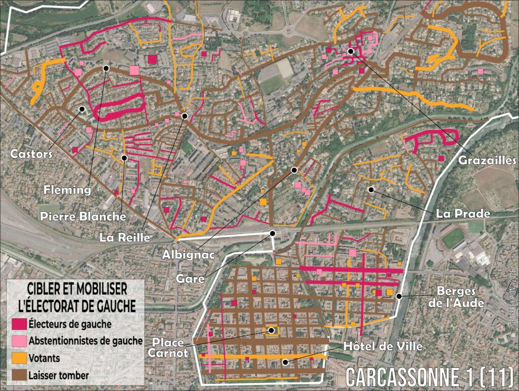 Carte de priorisation porte-à-porte élections départementales 2028, canton de Carcassonne-1 (11), ciblage des électeurs de gauche par rue et bâtiment