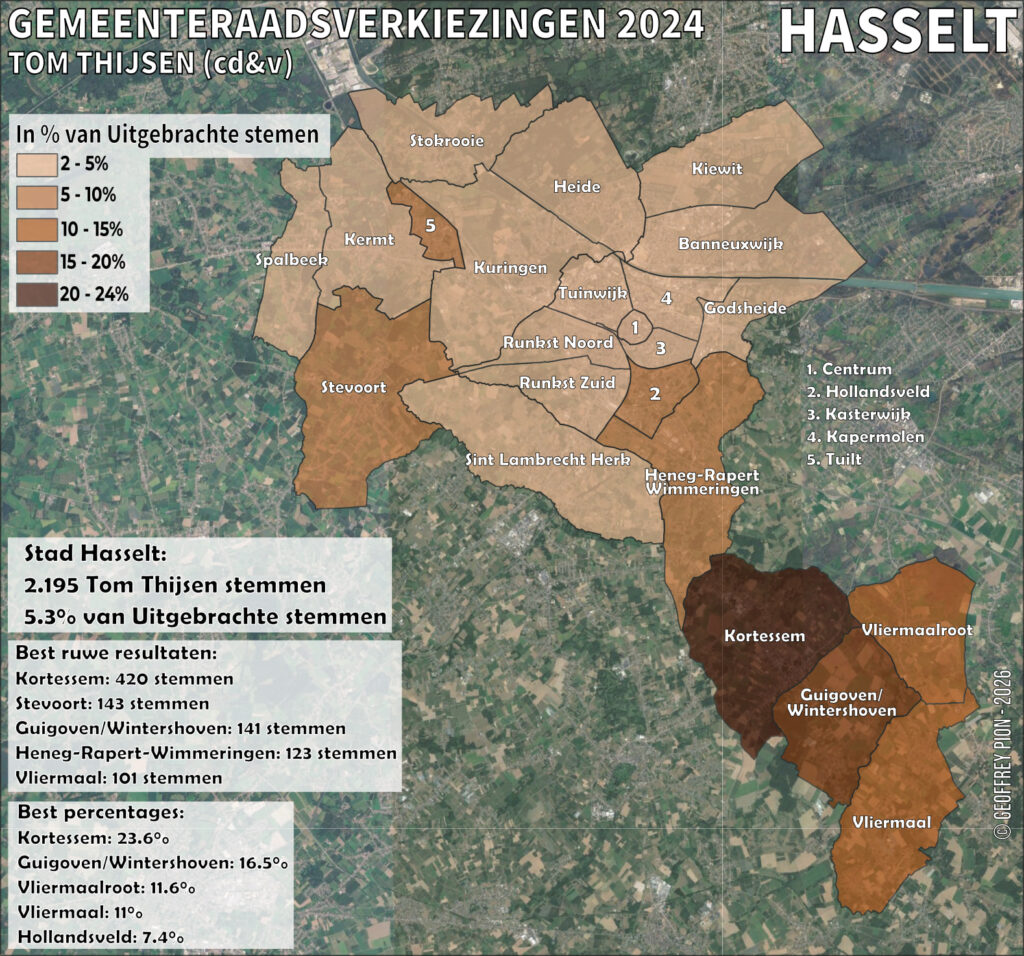 Carte des votes préférentiels de Tom Thijsen (CD&V) par quartier d