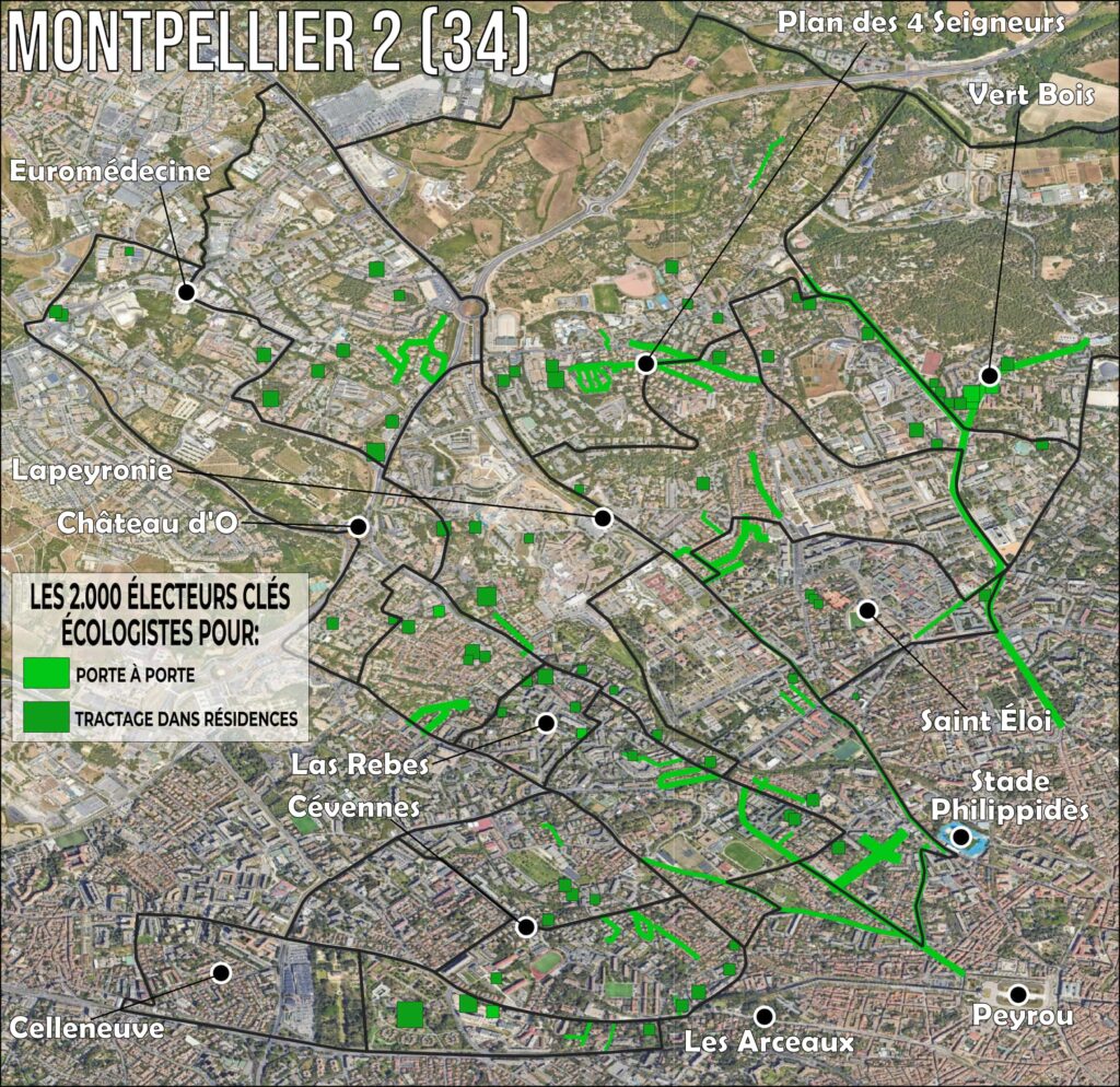 Carte de priorisation pour une candidature écologiste dans le canton Montpellier 2 aux départementales 2028.