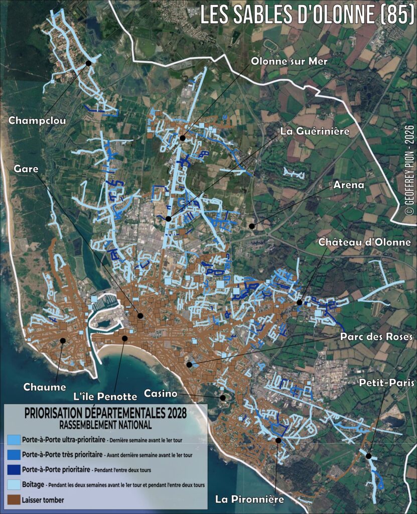 Carte de priorisation porte-à-porte élections départementales 2028, canton des Sables-d