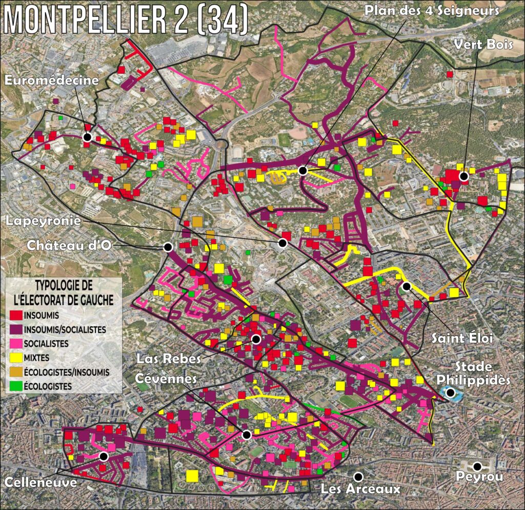 Carte électorale par bâtiments et rues du canton Montpellier 2 (Occitanie), typologie des électorats de gauche aux européennes 2024