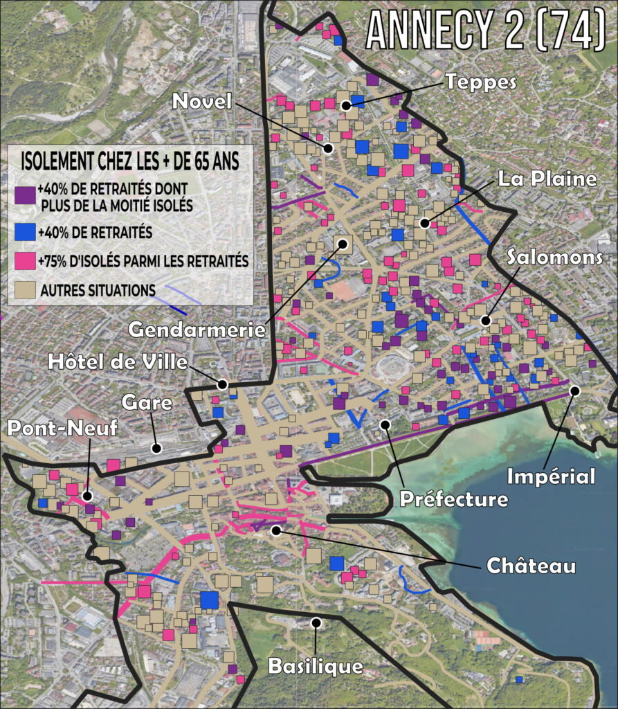 Départementales 2028 : repérer les fortes concentrations de retraités isolés à Annecy Carte de l'isolement des retraités par bâtiment, canton d'Annecy-2, départementales 2028, retraités isolés, résidences, immeubles, Annecy