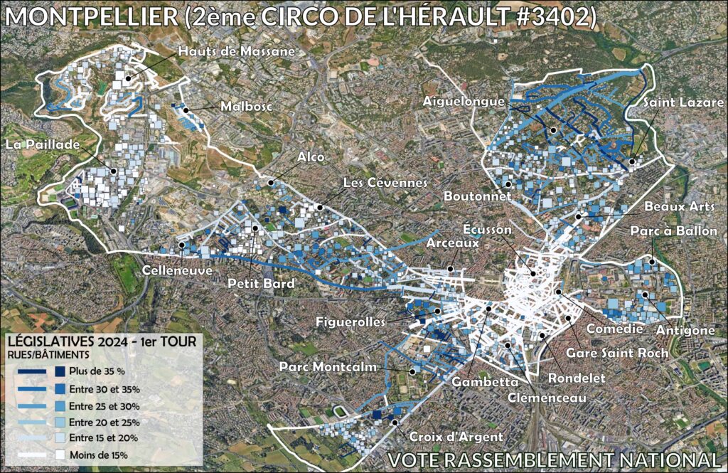 Carte du vote Rassemblement national par rue et bâtiment pour Flavia Mangano (RN) dans la 2ème circonscription de l