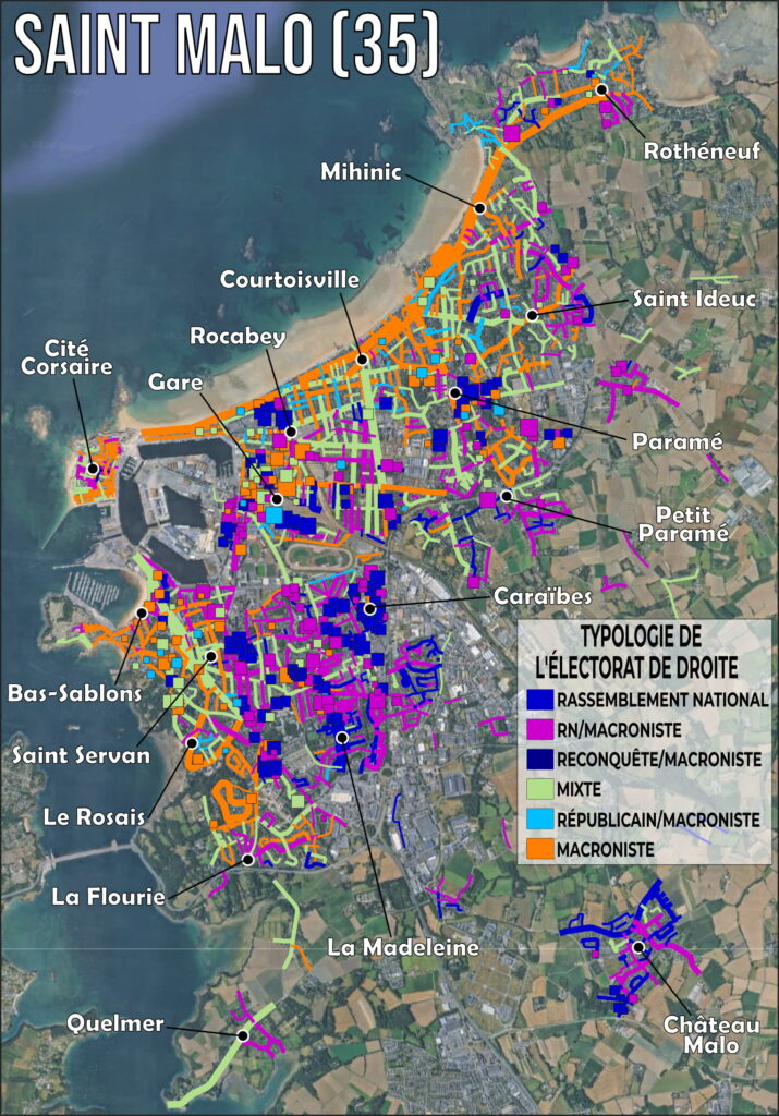 Carte typologique de l'électorat de droite par rue et bâtiment à Saint-Malo (35), européennes 2024, RN Rassemblement national, macroniste Renaissance, Républicains, Reconquête, départementales 2028