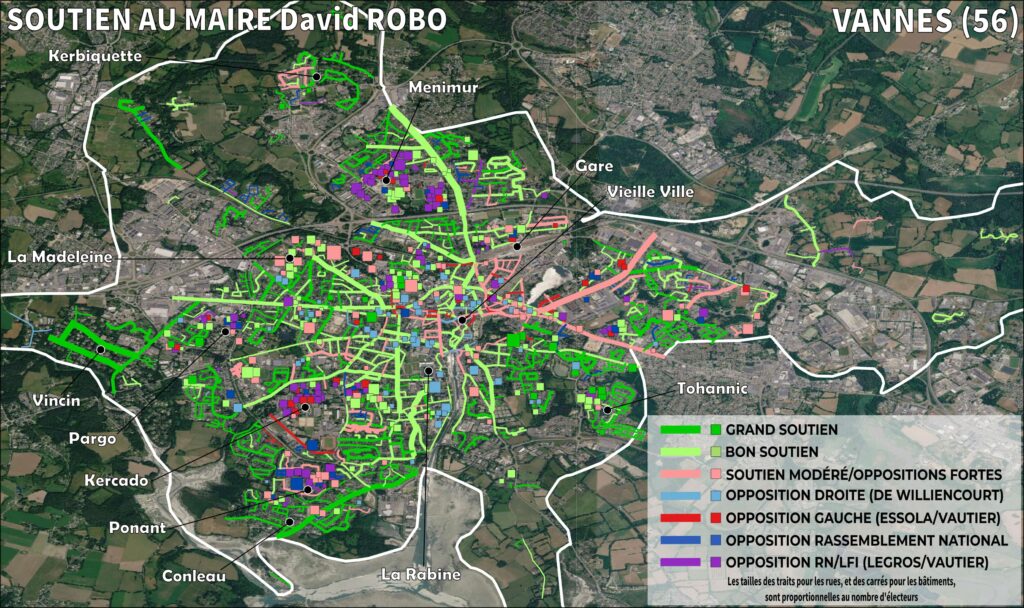 Carte de soutien au maire de Vannes (56) : bastions, soutiens et poches d'opposition à David Robo Carte de soutien à David Robo, maire réélu de Vannes (Morbihan), rue par rue et bâtiment par bâtiment, municipales 2026