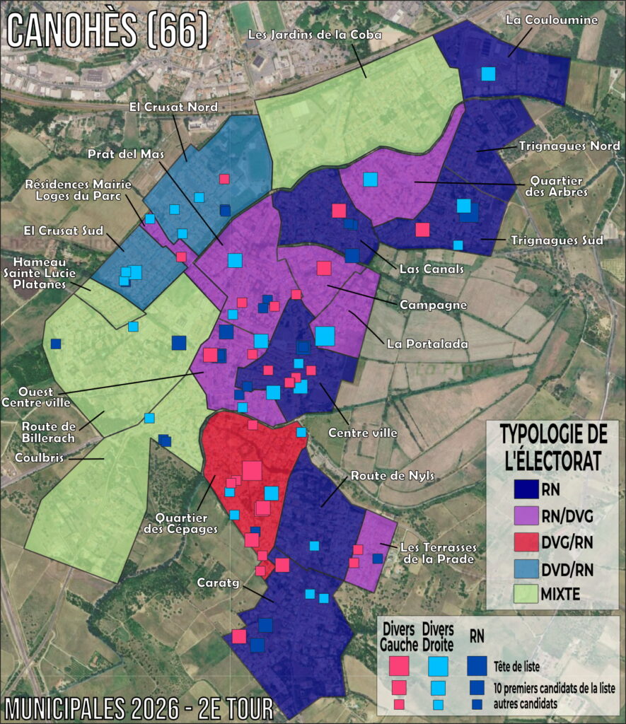 Canohès (66), laboratoire d'une méthode hybride pour cartographier le vote aux municipales par quartier dans les petites communes Carte de synthèse du second tour des municipales 2026 à Canohès par sous-quartier, avec localisation des candidats des trois listes