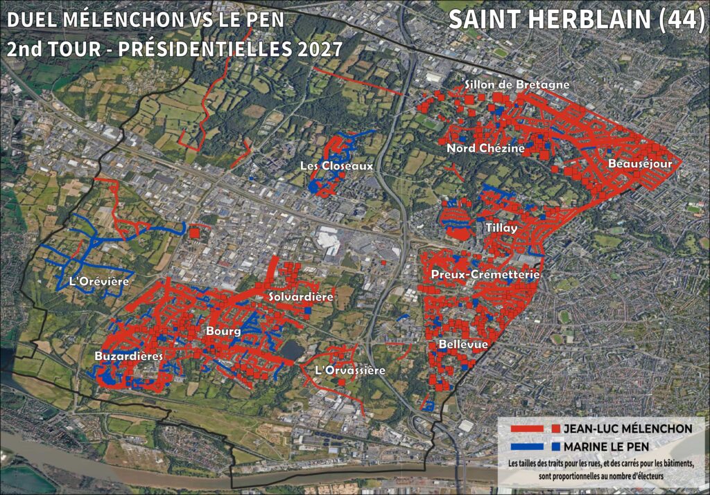 Présidentielle 2027 : le potentiel Mélenchon à Saint-Herblain (44), par rue et bâtiment Carte comparant les potentiels Mélenchon et Le Pen rue par rue à Saint-Herblain