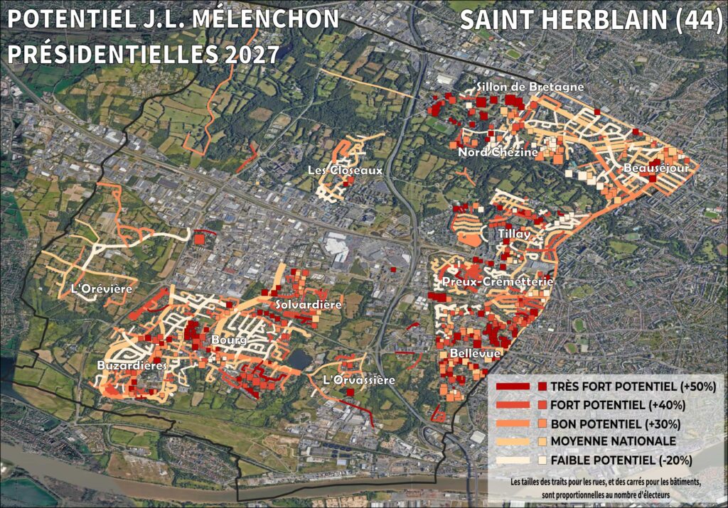 Présidentielle 2027 : le potentiel Mélenchon à Saint-Herblain (44), par rue et bâtiment Carte du potentiel de vote Jean-Luc Mélenchon par rue et par bâtiment à Saint-Herblain