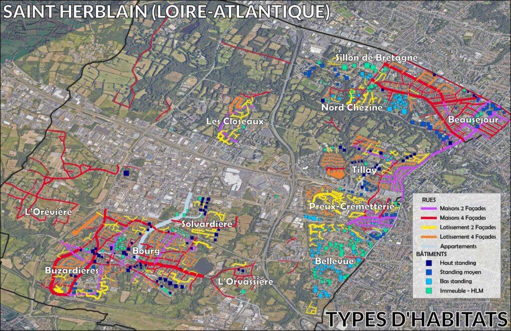 Présidentielle 2027 : le potentiel Mélenchon à Saint-Herblain (44), par rue et bâtiment Carte du type d'habitat et du standing des logements par rue et par bâtiment à Saint-Herblain
