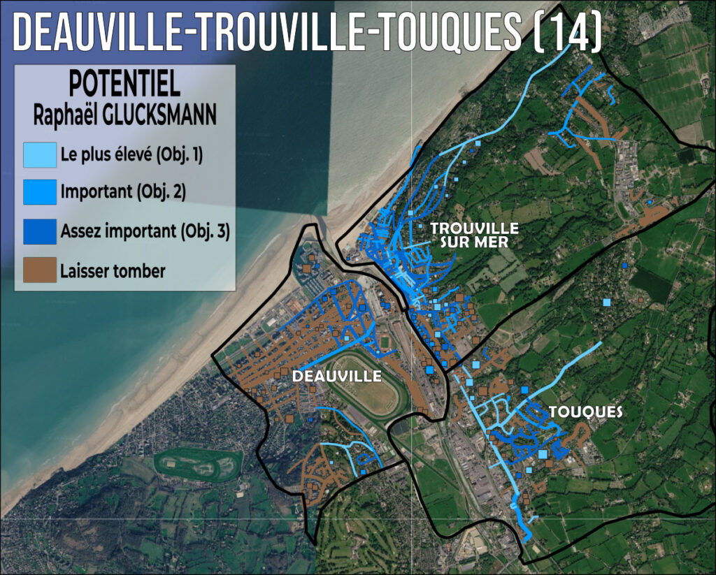 Carte du potentiel électoral de Raphaël Glucksmann à Deauville, Trouville-sur-Mer et Touques (Calvados), projeté à l'échelle des rues et des bâtiments. Le potentiel est élevé dans le centre de Trouville et faible à Deauville et dans les lotissements en retrait du littoral.