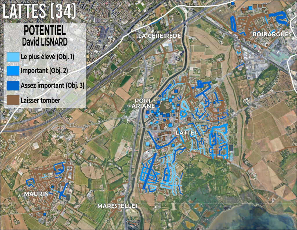 Carte du potentiel électoral de David Lisnard à Lattes (Hérault, banlieue de Montpellier), projeté à l'échelle des rues et des bâtiments. Le potentiel est élevé dans le centre de Lattes et à Port-Ariane, et faible à Maurin et Boirargues.
