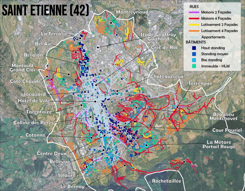 Carte des types d habitat par rue et batiment a Saint Etienne immeubles HLM maisons lotissements