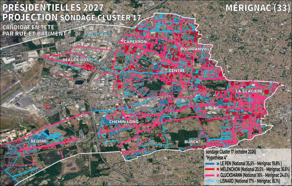 Présidentielles 2027 : David Lisnard, vague de fond ou mirage de Polymarket ? Carte satellite de Mérignac (Gironde) représentant le candidat arrivé en tête rue par rue et bâtiment par bâtiment selon la projection locale du sondage Cluster 17 d’octobre 2026 (hypothèse 4 à quatre candidats testés) : Glucksmann (24.6% à Mérignac), Le Pen (19.8%), Lisnard (18.1%) et Mélenchon (16.6%).