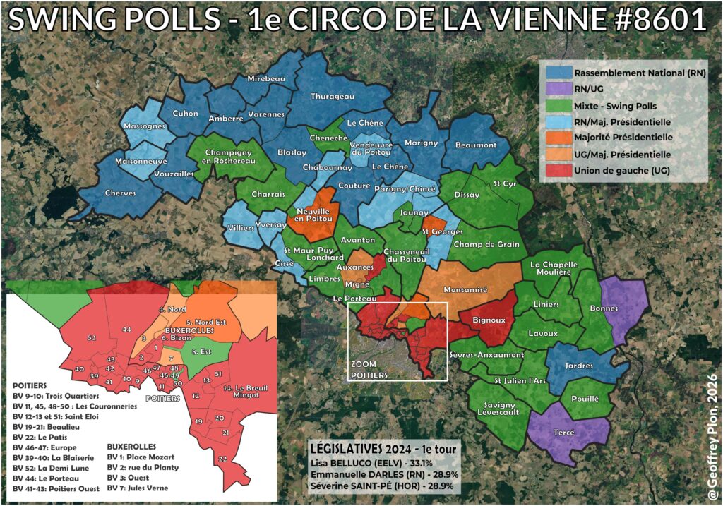 Carte de la première circonscription de la Vienne par bureau de vote montrant la typologie électorale en 2024 avec les bureaux mixtes identifiés en vert autour du Futuroscope