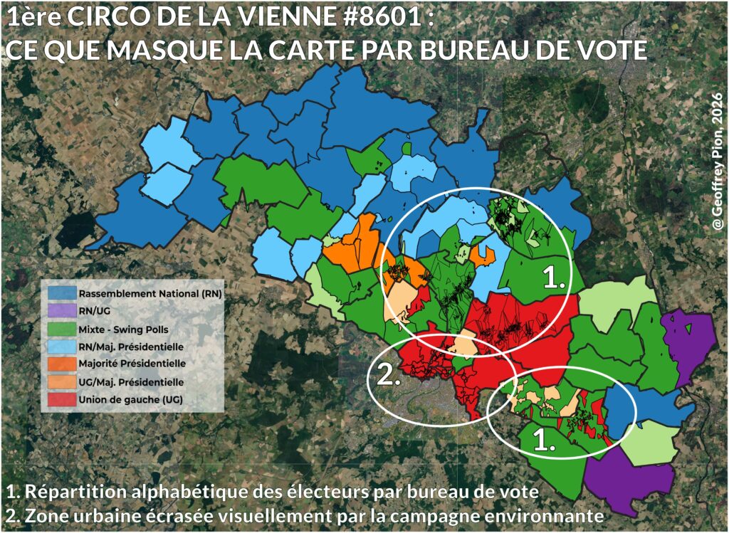 Pourquoi faire de la cartographie électorale par rue et par bâtiment : trois cas où le bureau de vote trompe l’analyse Cartographie électorale par rue et par bâtiment, 1ère circonscription de la Vienne (86) : typologie électorale par bureau de vote avec trois problèmes de représentation identifiés. Zone 1 (Chasseneuil-du-Poitou, Avanton et autres communes) : patchwork sans logique géographique causé par la répartition alphabétique des électeurs entre bureaux de vote. Zone 2 (Poitiers nord et banlieue) : secteur urbain concentrant la moitié des électeurs mais écrasé visuellement par la campagne environnante. Projection d’un sondage présidentielles 2027 par bureau de vote.