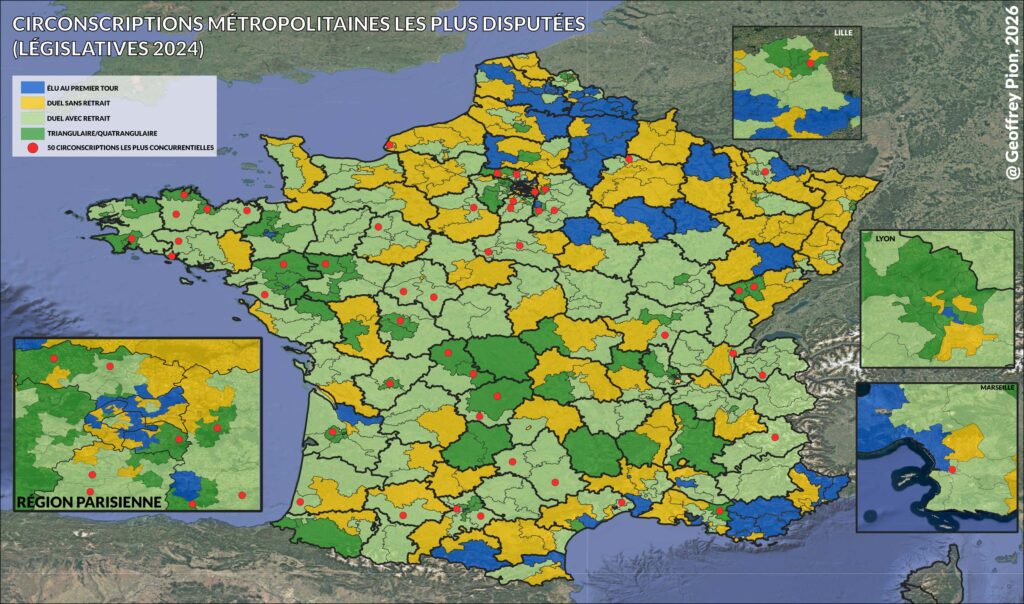 Carte des 540 circonscriptions de France métropolitaine classées par niveau de concurrence électorale aux législatives 2024, avec les 50 circonscriptions les plus disputées identifiées par des points rouges